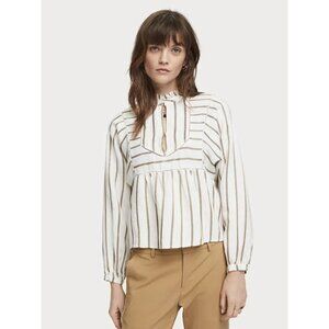 Scotch & Soda Striped Linen‎ Blend Peplum Cropped Top White Gold Women XS